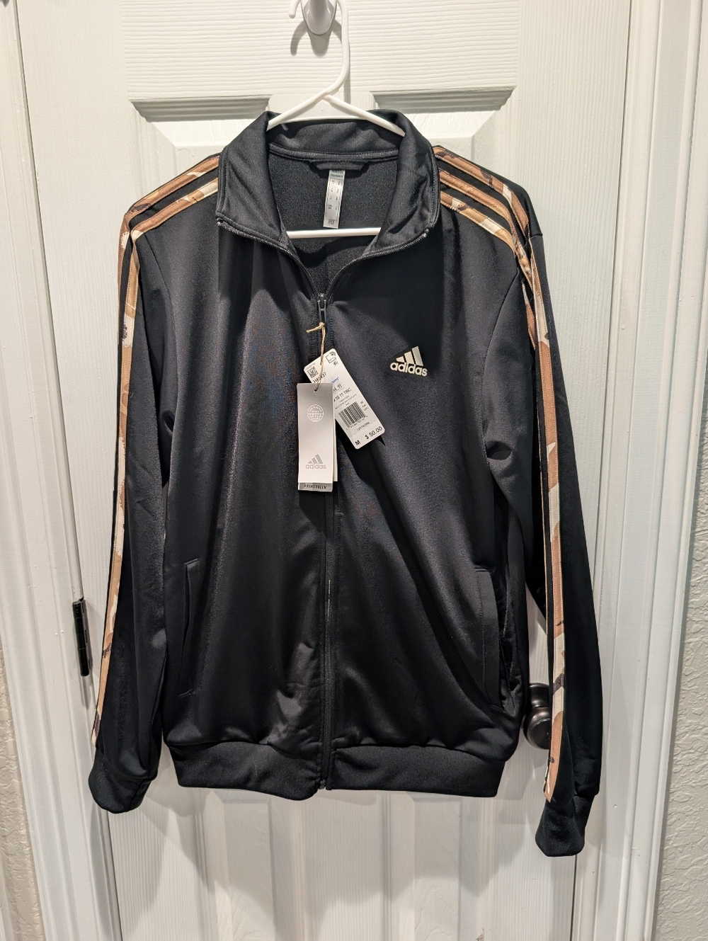 adidas Black Track Jacket with Tan Stripe Accents